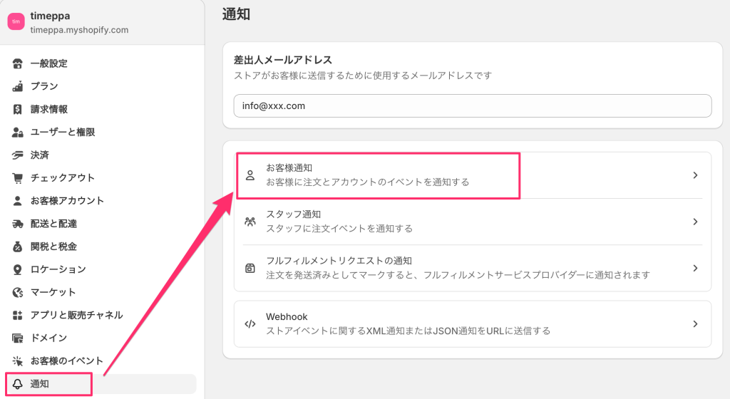 Shopify通知の設定ページ