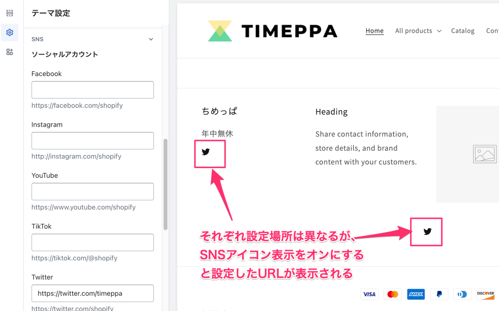 Shopifyの無料テーマDawnのテーマ設定「SNS」