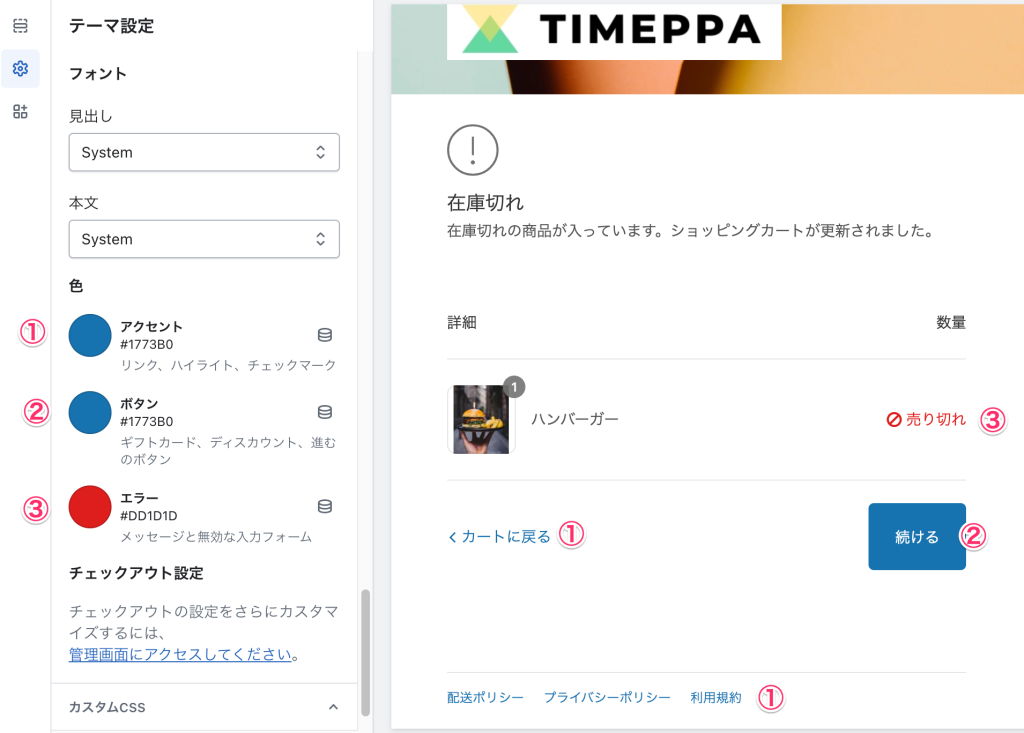 Shopifyの無料テーマDawnのテーマ設定「チェックアウト」フォントの適用範囲