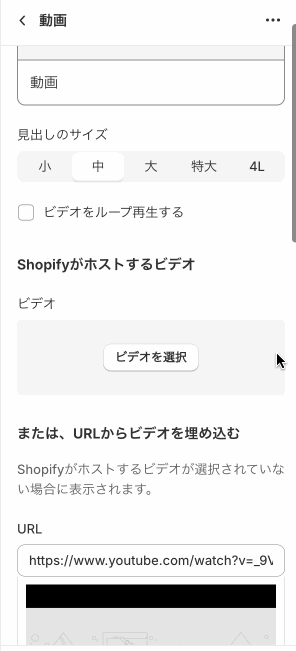 Shopifyテーマカスタマイズの「動画」のセクション設定