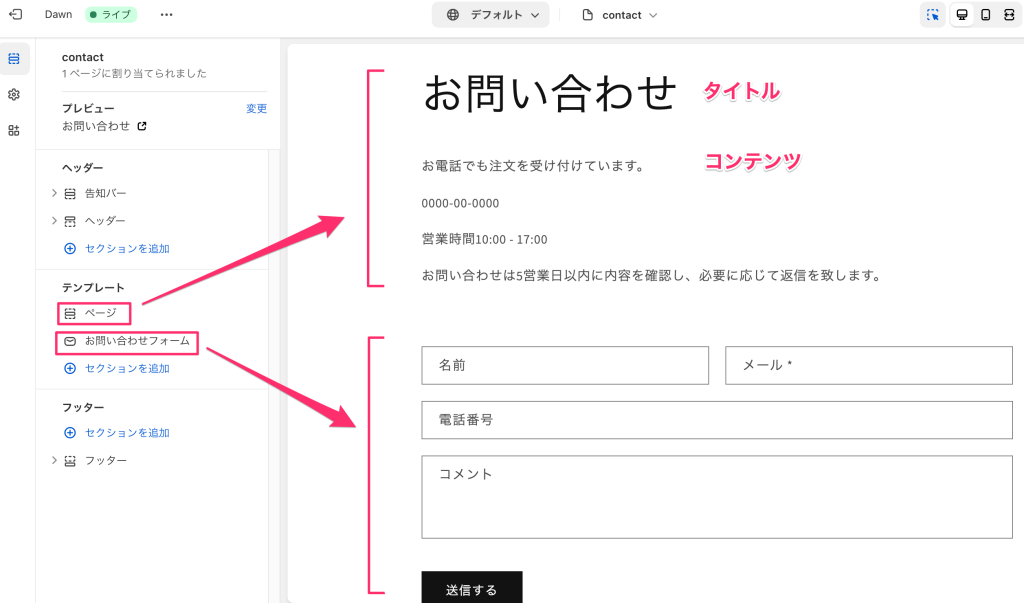 Shopifyのお問合せフォームのテーマテンプレート