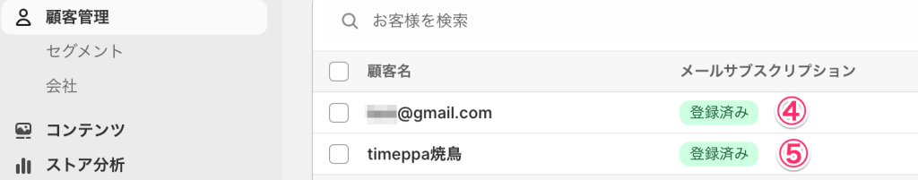 Shopifyのメルマガ登録後の顧客管理ページ